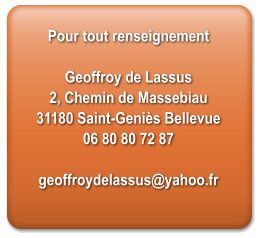 Pour tout renseignement   Geoffroy de Lassus 2, Chemin de Massebiau 31180 Saint-Geniès Bellevue 06 80 80 72 87  geoffroydelassus@yahoo.fr